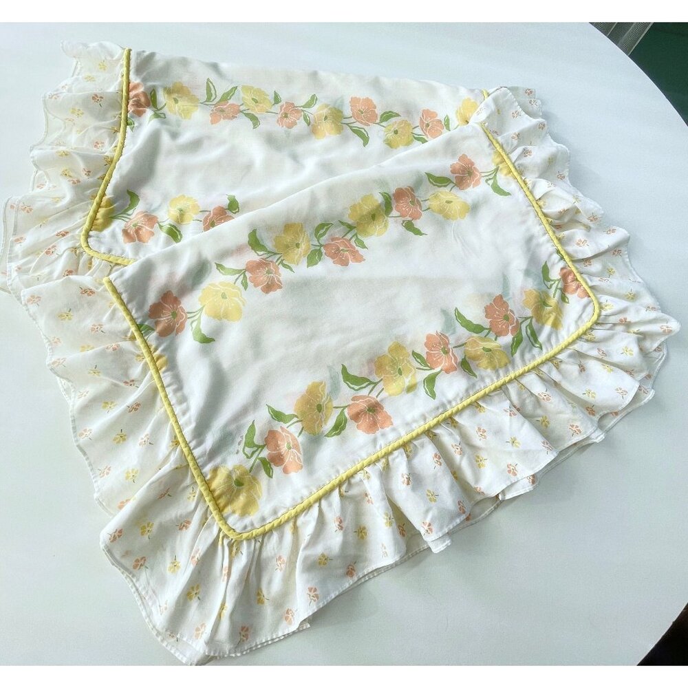 Vintage 70s decorative pillow covers, yellow, orange floral ruffled casings
